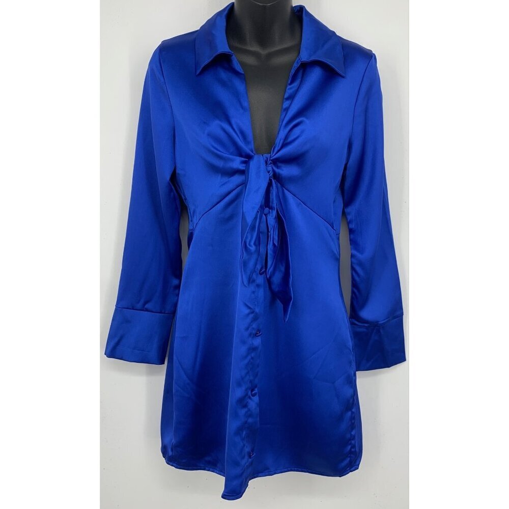Zara Womens Royal Blue Satin Tie-Front Dress Small Mini V Sheath Sexy New